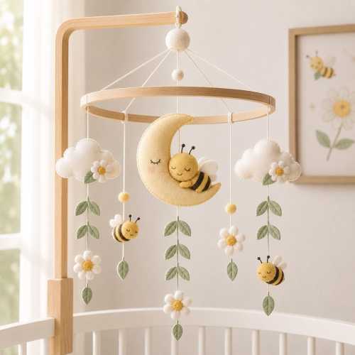 Bee Baby Mobile, Daisy Crib Mobile, Felt Bee Nursery Decor, Spring Garden Baby Mobile, Neutral Baby Shower Gift, Felt Baby Mobile, Baby Gift
