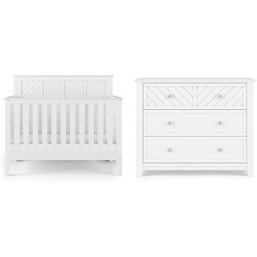 Child Craft Atwood Design 4-in-1 Convertible Baby Crib Nursery Furniture Set, Baby Bed and 3 Drawer Dresser, for Babies, Toddlers and Kids Bedroom (2 Piece - Matte White)