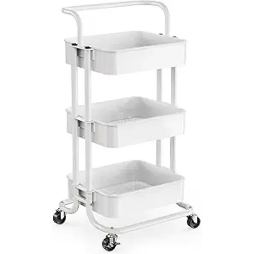 Pipishell 3 Tier Mesh Utility Cart, Rolling Metal Organization Cart with Handle and Lockable Wheels, Multifunctional Storage Shelves for Kitchen Living Room Office White