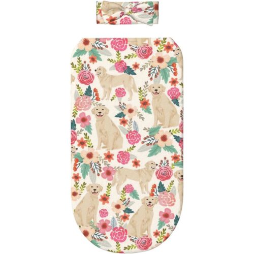 Golden Retriever Floral Dogs Newborn Baby Swaddle Blankets Headbands Sets Breathable Nursery Shower Gift Set for Baby Boy and Baby Girl