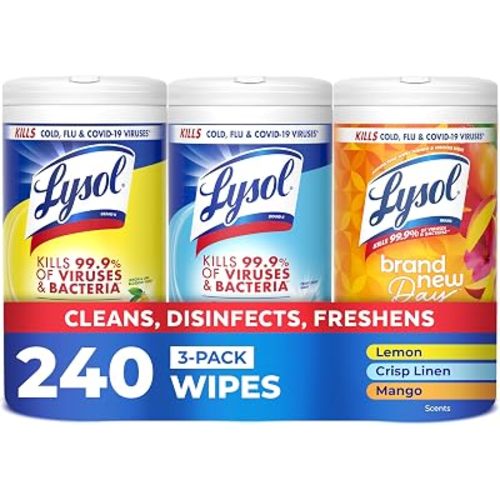LYSOL Disinfecting Wipes, All Purpose Cleaner, Multi-Surface Antibacterial Cleaning Wipes, Household Cleaning Supplies, Dorm Essentials, Lemon + Crisp Linen + Mango & Hibiscus Scent, 80 ct. (3 Pack)