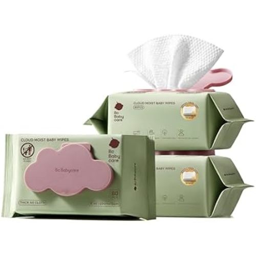 Bc Babycare Cloud Moist Baby Wipes, Thick & XL, 99% Water, Ultra-Hydrating, Unscented, Hypoallergenic for Sensitive Skin, Biodegradable, 3 Flip-Top, 240 Count