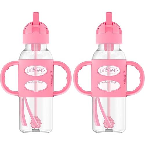 Dr. Brown's Milestones Narrow Sippy Straw Bottle, Spill-Proof with 100% Silicone Handles and Weighted Straw, 8 oz/250 mL, Pink, 6m+ (Pack of 2)