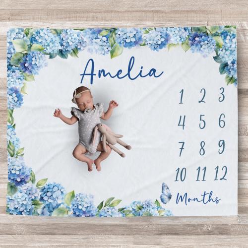 Custom Blue Hydrangea Girl Baby Milestone Blanket Personalized blanket Floral Milestone Blanket baby shower gift Mom Gift Baby Shower gift
