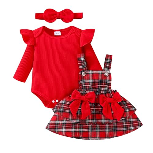 FOCUTEBB Baby Girl Clothes Fall Winter Outfit Long Sleeve Ruffle Romper Plaid Skirt Bow Headband 3 Pcs Set 0-18 Months