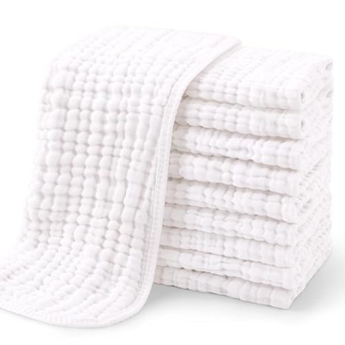 Yoofoss Muslin Burp Cloths for Baby 10 Pack 100% Organic Cotton Baby Washcloths for Boys Girls Large 20''X10'' Super Soft and Absorbent White