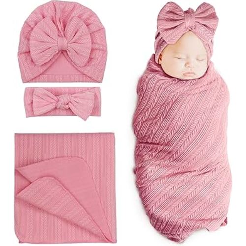 DRESHOW BQUBO Newborn Receiving Blanket Toddler Warm for Girls with Bow Hat and Bow Headband Shower Gift