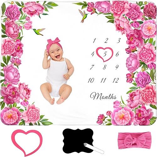 Floral Baby Milestone Blanket for Girls - Includes Headband, Frame, and Personalized Board, Monthly Milestone Blanket for Baby Girl, 50x40
