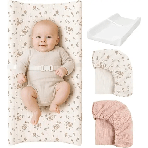 Konssy Muslin Changing Pad with Waterproof Lining Foam, Includes 2 Pack Soft & Cotton Cover, Baby Diaper Changing Pad for Dresser or Table, 32x16 inches (Blossom,Pink)