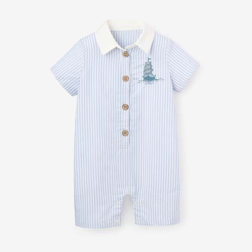 Boat Embroidered Oxford Stripe Shortall – Elegant Baby