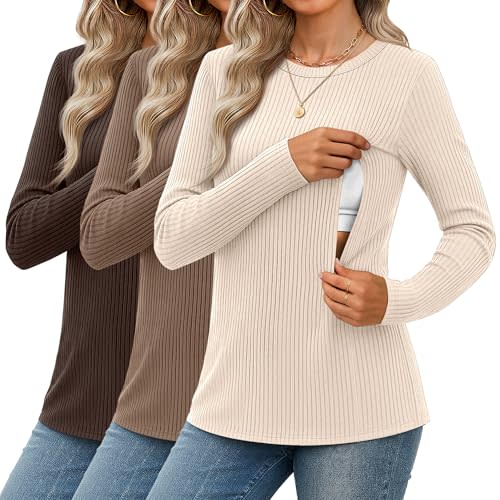Velvelhall 3 Pack Women's Nursing Shirts Ribbed Long Sleeve Breastfeeding Tops with Hidden Zipper Maternity Clothes