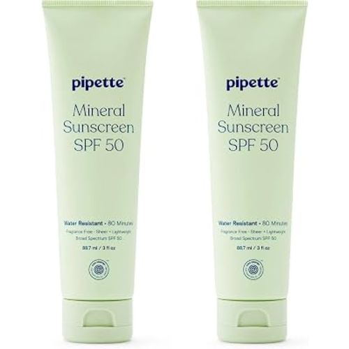 Pipette Fragrance Free Mineral Sunscreen SPF 50 Lotion,3 fl oz (Pack of 2) | Water-Resistant 80 Minutes - 100% Non-Nano Zinc Oxide - Lightweight & Blendable
