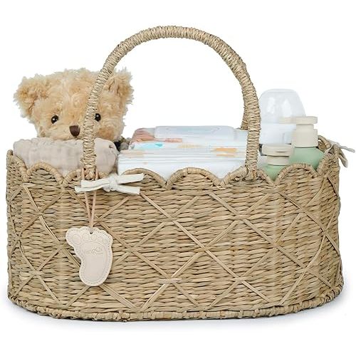 YANGQIHOME Diaper Caddy Organizer, Seagrass Nursery Baby Basket for Baby Essentials, Scalloped Wicker Diaper Caddy, Baby Shower Gifts (Diamond)