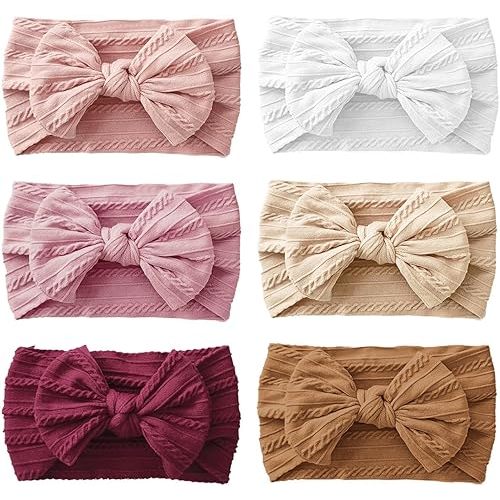 Fecawd Baby Headbands, Girls Headbands with Bows with Bows, Soft Stretchy Nylon Hair Bands Hair Accessories for Newborn Infant Toddler (6 Pack,Bow,Red)