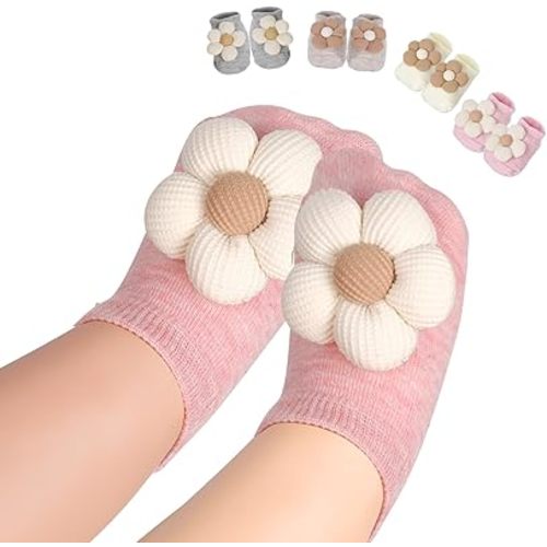 hoyuwak 4 Pairs Baby Girls Socks Cute Flower Non Slip Socks Girls Low Cut Ankle Socks for Newborn Toddler Babies