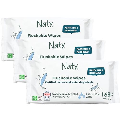 Naty Flushable Baby Wipes | 98% Water, Hypoallergenic & Natural for Sensitive Skin | Unscented, Fragrance-Free, Plant-Based | Plastic-Free, Water-Degradable | Newborn & Toddler | 168 Count (3 Packs)