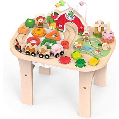 Activity Table for 1 Year Old, Baby Wooden Sensory Table with Bead Maze Shape Sorter Train Track for Toddler, Farm Montessori Toy Activity Center Educational Learning Toys for Kids 12+ Months