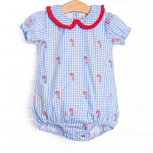 Candy Cane Craze Embroidered Girl Bubble, Blue Gingham – Stitchy Fish