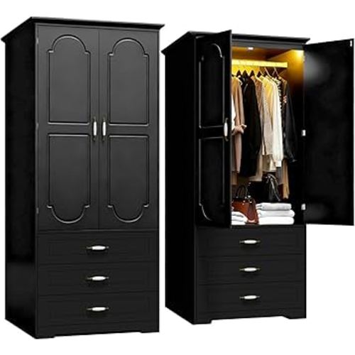 Armoire Wardrobe Closet with 3 Drawers and LED Light 72" Wooden Bedroom Armoire with 2 Doors and Retro Ceramic Door Handles Modern Wardrobe Cabinet with Removable Hanging Rod Black