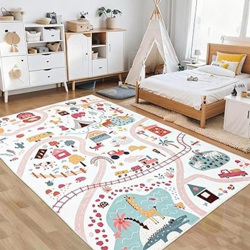 Kids Rug Carpet 5x8Ft Farm Animal Play Mat for Boys Girls Bedroom Nursery Room Playroom Classroom, Soft Town Road Map Area Rug for Children, Educational Decor, Nonslip, Washable