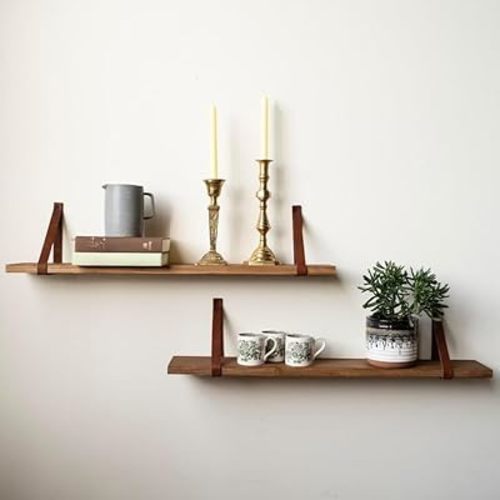 Wall Mounted Poplar Floating Shelves with Leather Straps - Minimalist Wooden Storage for Living Room & Office, 12" W x 6" D, Stylish Bookshelf Organizer (6x24 inches)