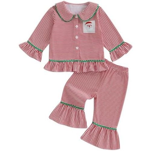 Multitrust Baby Girls Ruffled Cotton Pajamas Set Long Sleeve Button Down Shirts and Flared Pants Matching Pj Sets Sleepwear