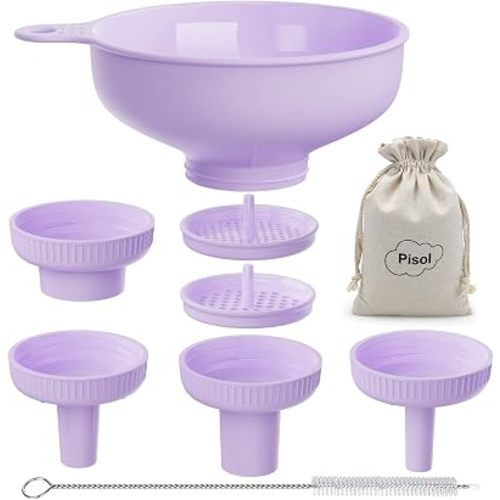 Pisol Wide Mouth Versatile Funnel, Canning Funnels for Kitchen Use, Food Grade Plastic Cooking Funnel Set with 4 Size Spouts and 2 Strainers for Filling Different Bottles and Bags, Purple