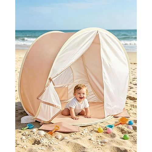 Baby Beach Tent, Pop Up Baby Tent with UV Protection, 37"x29"x33" Baby Sun Shade, Portable Baby Beach Essentials | 1.2lbs Lightweight, Sand-Proof Mesh Door, 4 Steel Stakes & Carry Bag