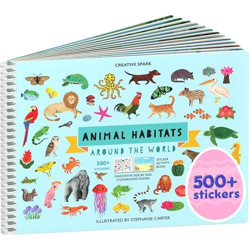 Animals Habitat 500+ Kids Sticker Book by Cupkin Toddler Airplane Travel Activity Coloring and Sticker Book, 12 Coloring Pages + 12 Scenes for Children's of 2-8 Years, Valentines Gifts for Kids
