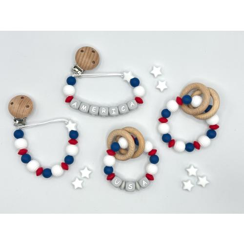 Personalized Pacifier Clip – USA - Red White & Blue – Custom Name Baby Gift – USA Patriotic Baby Accessories – Matching Rattles