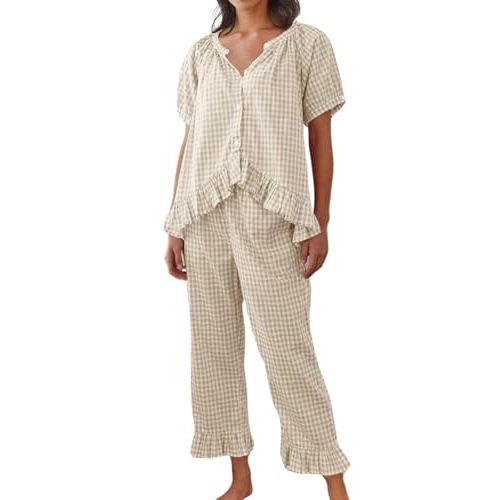 codcm Womens Gingham Pajama Set 2 Piece Short Sleeve Babydoll Shirt and Pants Lounge Set Cute Sleepwear