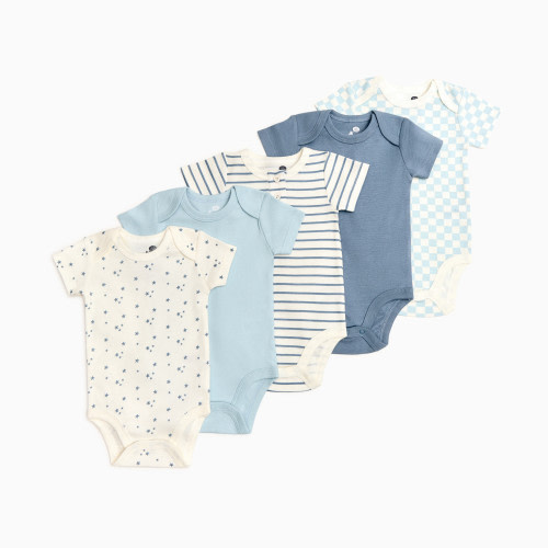Small Story Organic Cotton Short-Sleeve Printed Bodysuit (5 Pack) - Blues, 3-6 M