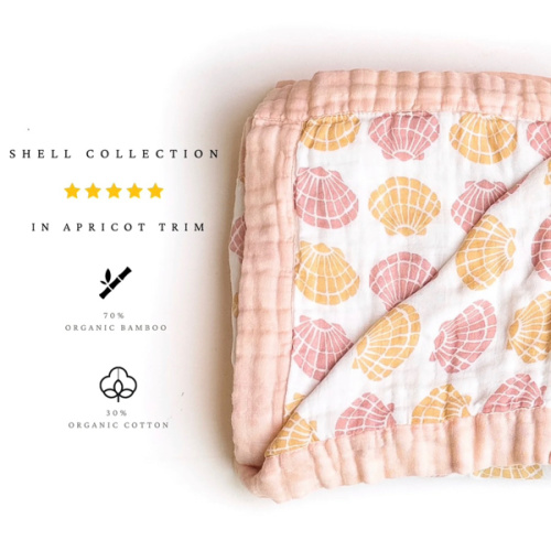 Sea Shells – Apricot Trim | 6-Layer Organic Bamboo Muslin Baby Blanket – Coca + B.