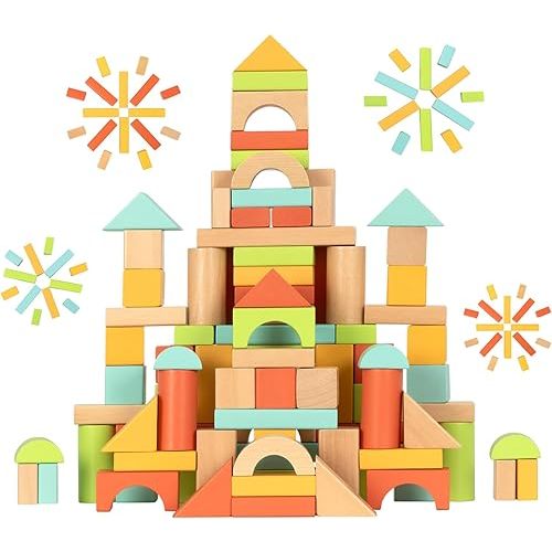 100pcs Wooden Blocks for Toddlers 1-3, Building Blocks for Toddlers 1-3, Wooden Block for Baby Shower with Storage Bucket, Montessori Toys for Preschool Girls and Boys