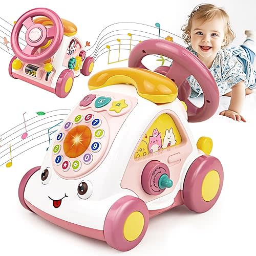 Love&Mini Baby Musical Toys for 1 Year Old Girls - Toddler Car Steering Wheel Toy with Telephone, Lights - Crawling Toys for Babies 6-18 Months - First Birthday Gifts for Girls