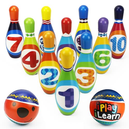 iPlay, iLearn Kids Bowling Toys Set, Toddler Indoor Outdoor Activity Play Game, Soft 10 Foam Pins & Two Balls Playset, Educational, Birthday Party Gift for 18 24 Months, 2 3 Year Old Children Boy Girl