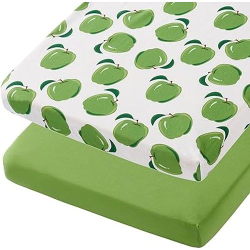 TILLYOU Mini Crib Sheets Fitted 2 Pack, Pack and Play Sheets for Toddler Mattress, Soft and Breathable 38”x 24” Pack n Play Mattresses Cover, Green Apple & Fruit Green