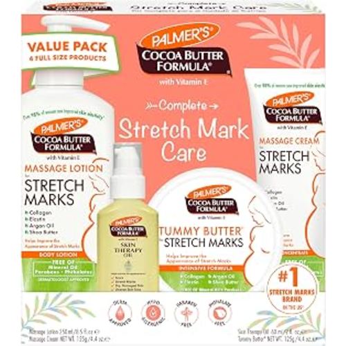 Palmer's Pregnancy Essentials Skin Care Kit, Cocoa Butter Formula (4 Piece) | Includes Massage Lotion, Massage Cream, Tummy Butter and Skin Therapy Oil for Stretch Marks, the ideal gift for mom to be