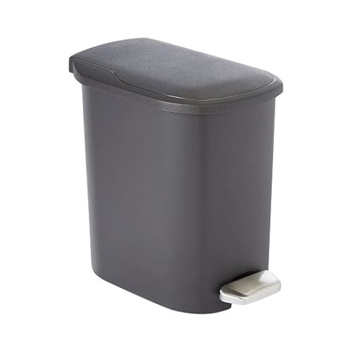 Amazon Basics Compact Plastic Bathroom Trash Can with Soft-Close Lid, Hands-Free Foot Pedal, Removable Inner Bucket, 6 Liters, Black