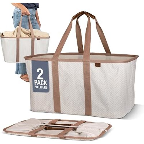CleverMade Collapsible Laundry Baskets, 50L LUXE Tote 2 Pack, Cream