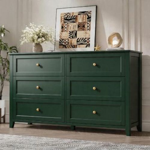 6 Drawer Dresser for Bedroom, Green Dresser with Deep Drawers & Metal Knobs, Large Modern Wooden Chests of Drawers for Entryway, Hallway