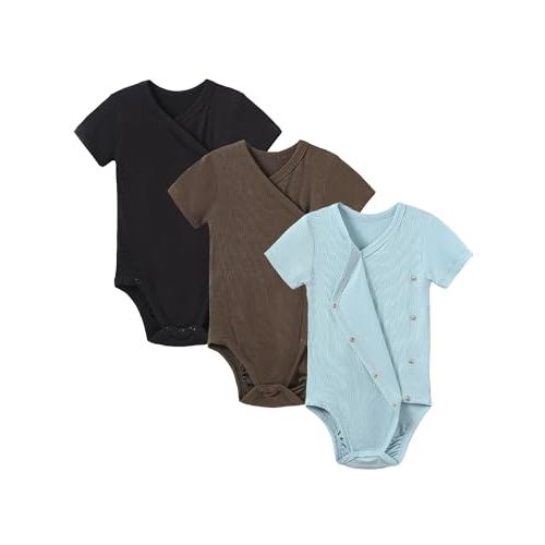 DEFAHN Viscose from Bamboo Baby Side Snap Bodysuit Kimono Onsies 3-Pack Long Short Sleeve Boy Girl Boys