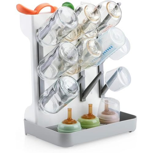 PandaEar Baby Bottle Drying Rack, Vertical Space-Saving Bottle Dryer Stand for Countertop with Removable Water Tray & Pegs, Holds Bottles, Nipples, Sippy Cups & Accessories, Grey