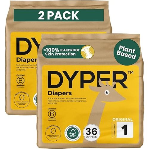 DYPER - Baby Diapers Size 1 Premium Leak Protection Plant Based Hypoallergenic Diaper for Day and Overnight Skin-Friendly Comfort | Soft Size 1 Diapers (8-14lbs), 72 Count