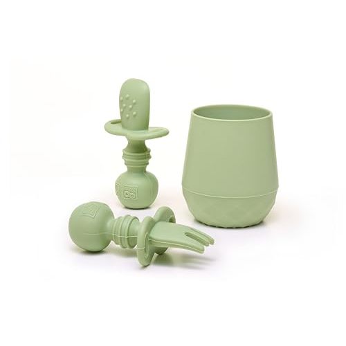 Tooshka® Baby Utensil Set (3 pcs) - Self Feeding Spoons and Tiny Cup - Silicone & BPA Free - Baby-Led Weaning (BLW) Supplies - Ages 6+ Months - Green Baby Cup & Utensils