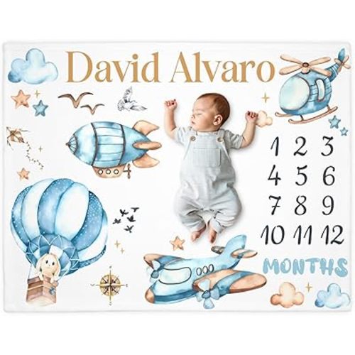 Monthly Baby Milestone Blanket, Airplane Baby Blanket with Custom Name and Photo, Unisex Newborn Gift for Boy Girl