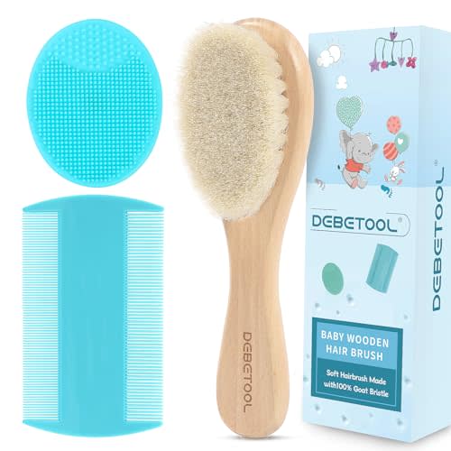 DEBETOOL Cradle Cap Brush and Comb Set with Baby Hair Brush - 3-Piece Wooden Baby Brush Kit for Newborns and Infants