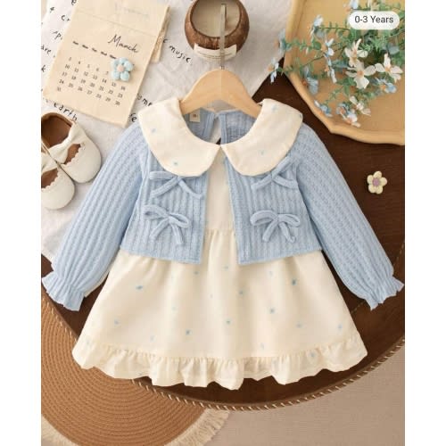 Baby Girls' Sweet Ditsy Floral Collar Bow Long Sleeve Patchwork Princess Dress, Suitable For Spring And Autumn | SHEIN USA