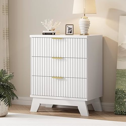 Fluted Dresser for Bedroom with 7 Drawers, 48" Wide Modern Chest of Drawers with Metal Handle, Wooden Dresser TV Stand, Wood Closet Clothes Storage Organizer for Living Room, Hallway, White