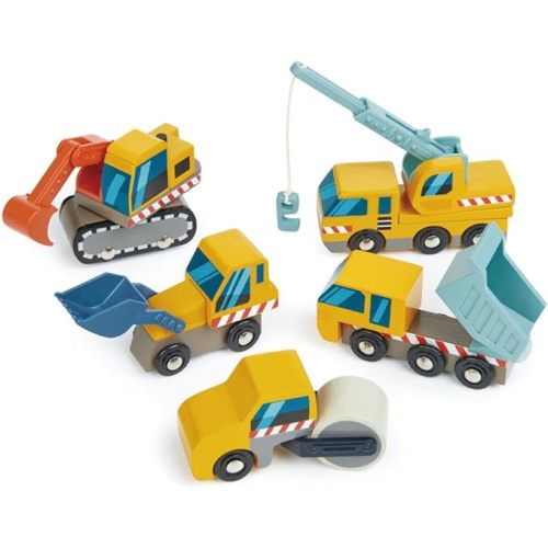 Tender Leaf Toys - Construction Site - Four Heavy Vehicles with Crane Truck, Road Roller, Dump Truck and Front Loader - Build Your Own Construction Site and Develops Fine Motor Skills for Children 3+